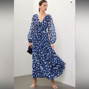 RTR ML Monique Lhuillier Melanie Black White & Blue Floral Maxi Dress Sz 6‎